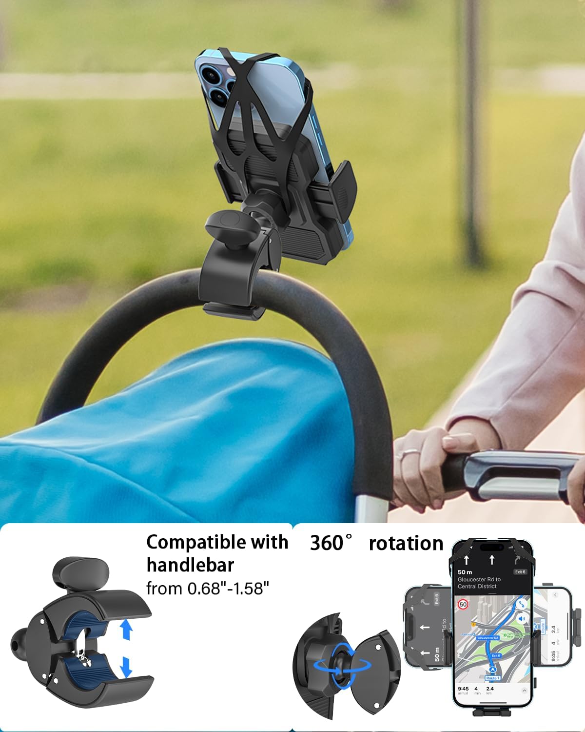 2025 Upgraded Silicone Straps Phone Holder Mount for Boat Helm, Golf Cart, Stroller, Treadmill, Mic Stand, Spin Bike, Handlebar Clamp for 4-7" iPhone 17 Pro Max Air, 16 15 14 13 12, S25 and Smartphone