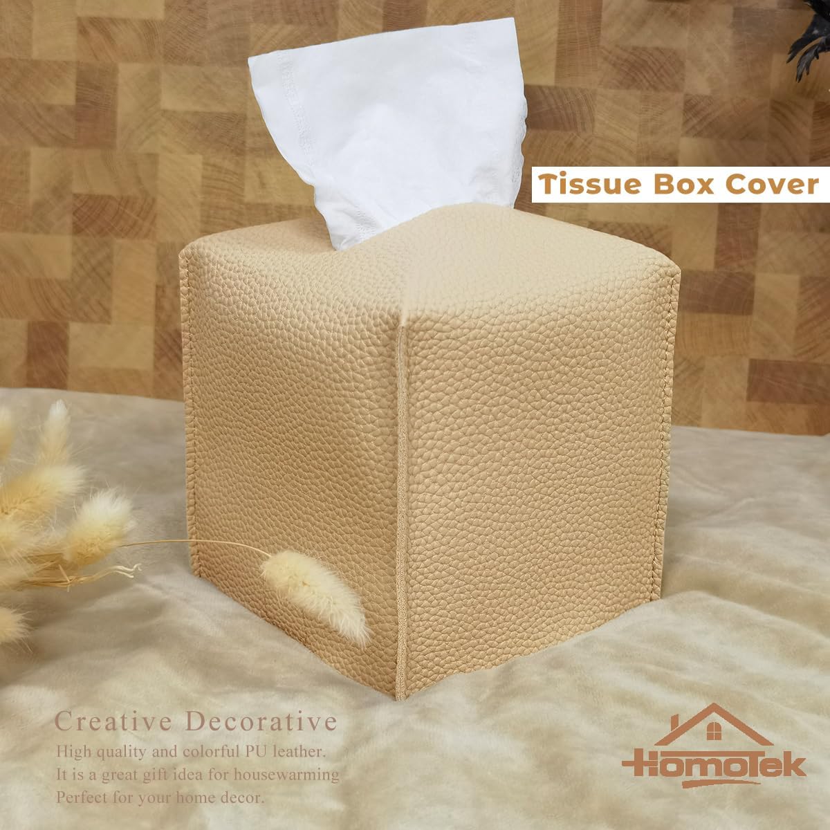 HOMOTEK 2 Pack Tissue Box Cover, Square PU Leather Tissue Holder, Decorative Facial Tissue Cube Paper Organizer Dispenser for Bathroom, Night Stands, Desk, Car 5X5X5'' - Beige, Pebble Grain