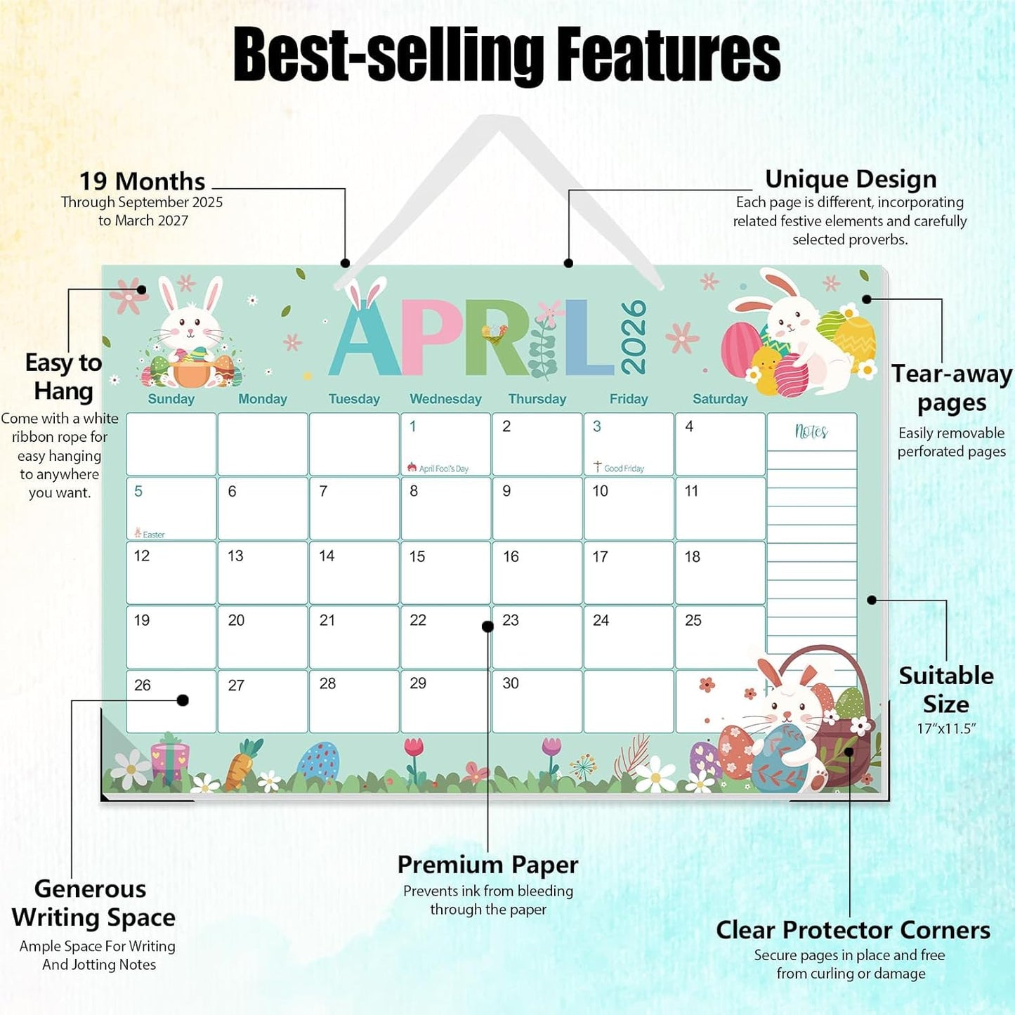 GuassLee Desk Calendar 2025-2026 - Colorful Desk Calendar from Sep. 2025-Mar. 2027, 17 x 11.5 inches, 19 Monthly Calendar with Hanging Rope, Notes and Large Ruled Blocks for Home School Office