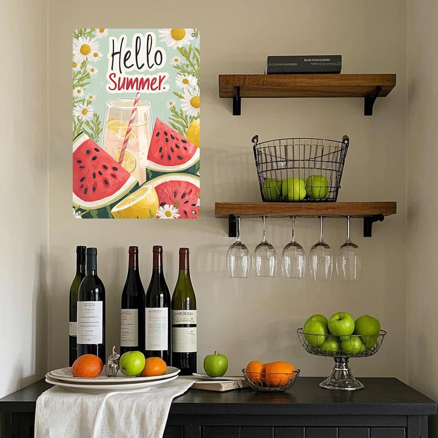 Hello Summer Vintage Tin Sign Watermelon Summer Decor Funny Wall Decor for Home Cafes Office Club 12x8 Inch