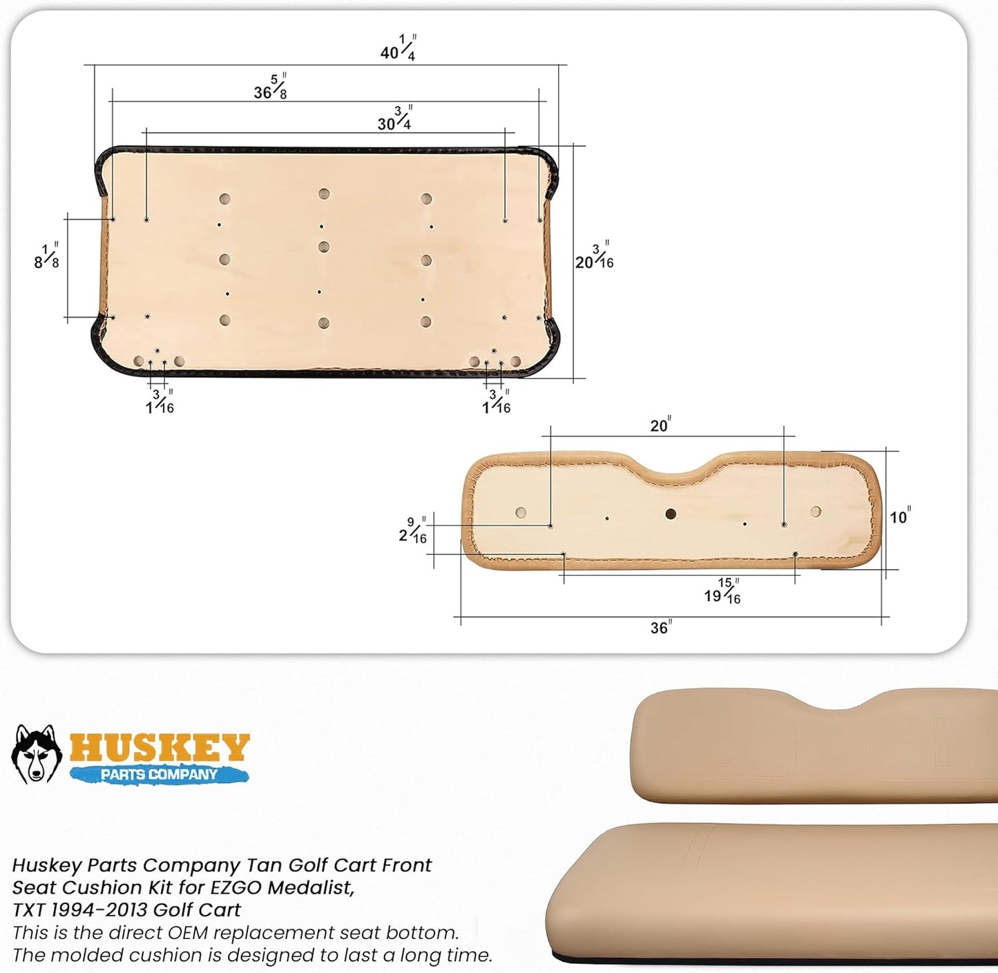 Huskey Parts Company Golf Cart Seat Cushion Set for Front Seat Lean Back & Bottom, Tan Color for EZGO Medalist, TXT 1994 to 2013, Golf Cart Front Seat Replacement with Mounting Hardware & Hinges