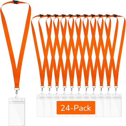 24-Pack Orange Breakaway Lanyards with Waterproof Badge Holders, Polyester Neck Straps for ID Cards, Events, Office, and Schools