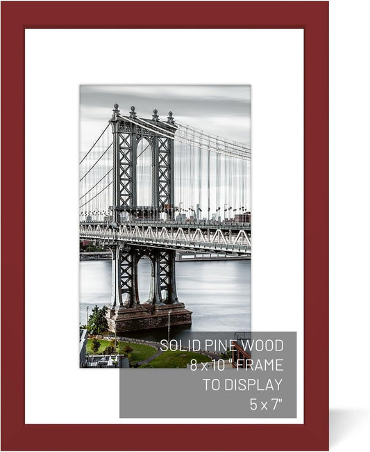 8x10 Solid Wood Picture Frames - 5x7 with Mat or 8x10 without Mat - Wall Mount or Table Top (Red)