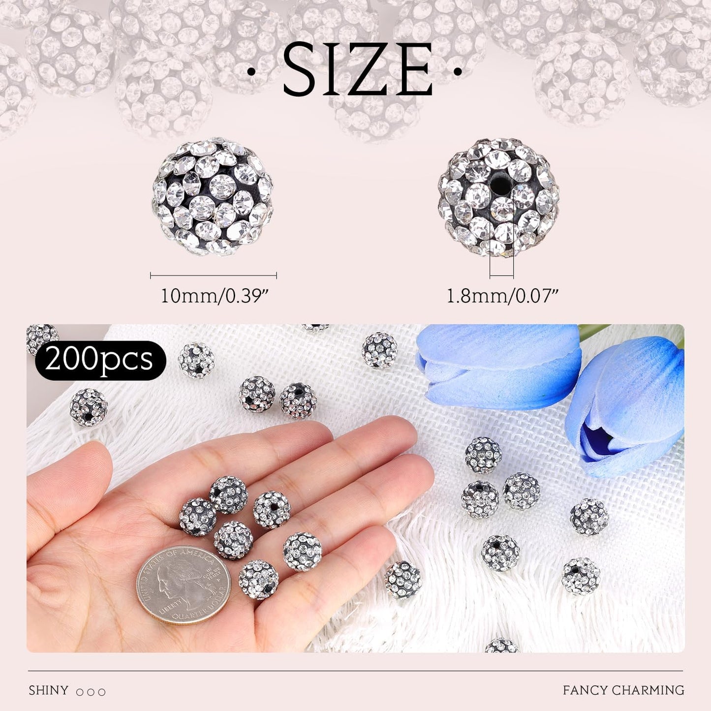 200pcs 10mm Black White Rhinestone Beads for Jewelry Making, Shiny Round Shamballa Disco Ball Beads, Sparkle Crystal Clay Christmas for Bracelet Baseball Necklace Earring Crafting and DIY