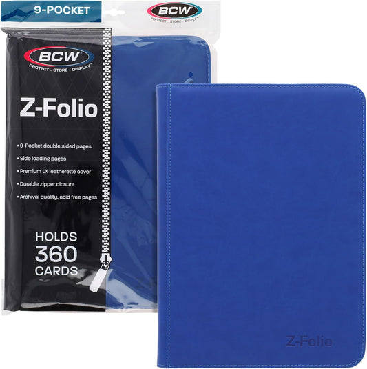 BCW Z-Folio 9-Pocket LX Album - Blue | Secure Zipper Card Organizer | Premium Leatherette Card Collection Binder | Trading Card Binder for Pokemon, MTG, Sport Cards and More