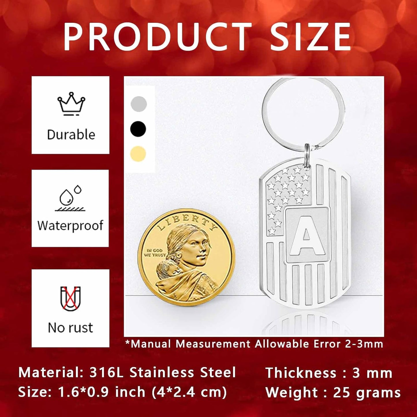 Initial Keychain Gifts for Men,A-Z Letter American Flag Dog Tag Stainless Steel Keychain,Mens Accessories Gift