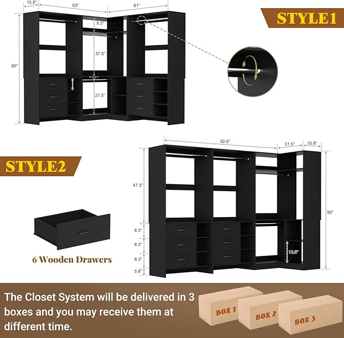 Aheaplus Closet System with 6 Drawers, 4 Hanging Rods & Corner Tower, Corner - Image 7