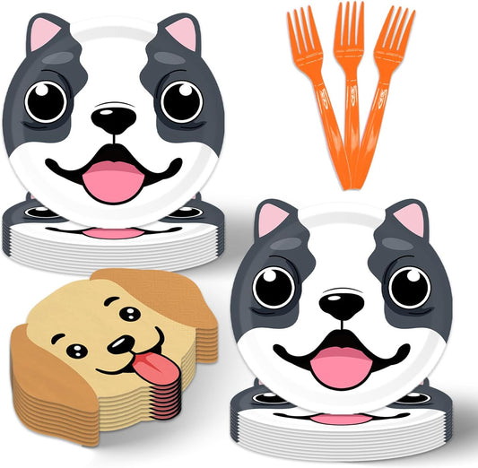 48Pcs Dog Birthday Decorations Disposable Paper Plates and Napkins Forks Set for Pet Puppy Baby Shower Party Supplies Dog Party Decorations Serves 16