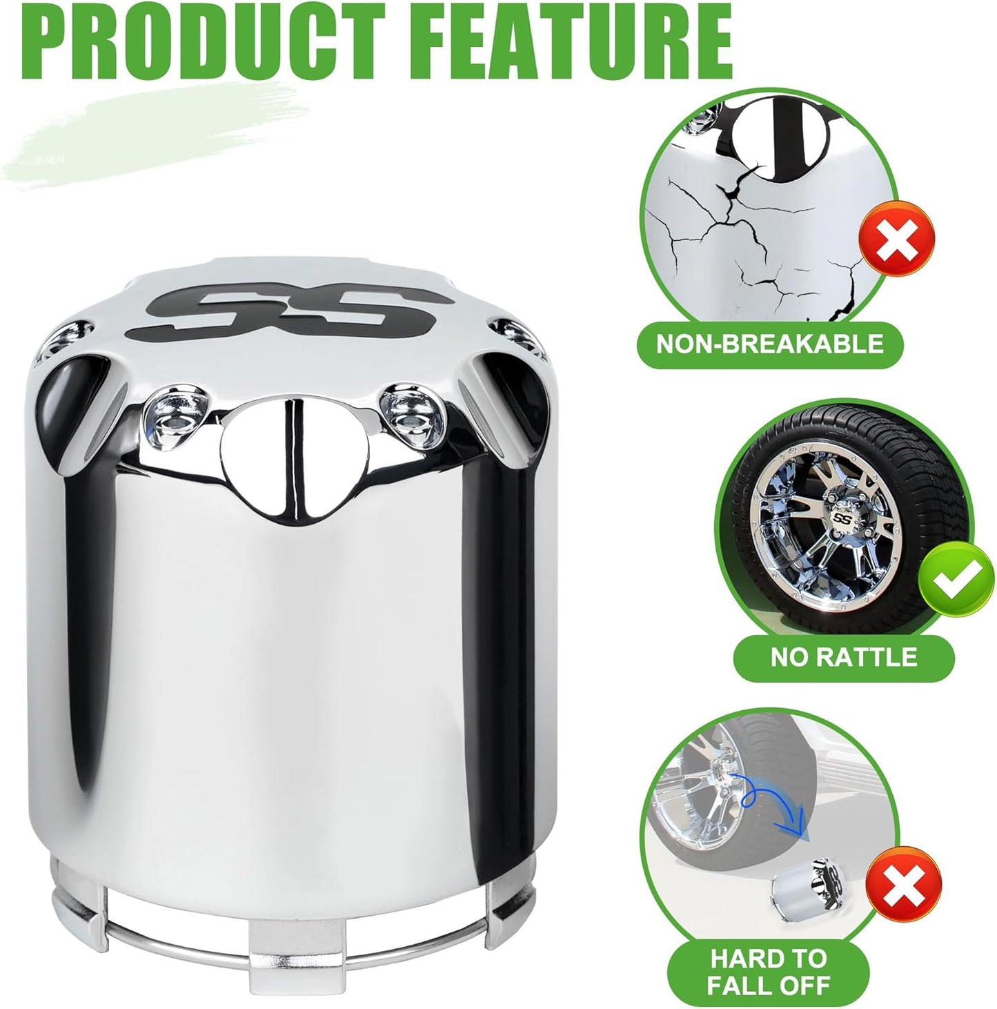 10L0L Universal Golf Cart SS Wheel Center Cap Cover for Yamaha, EZGO, Club Car, 4 PCS (Chrome)