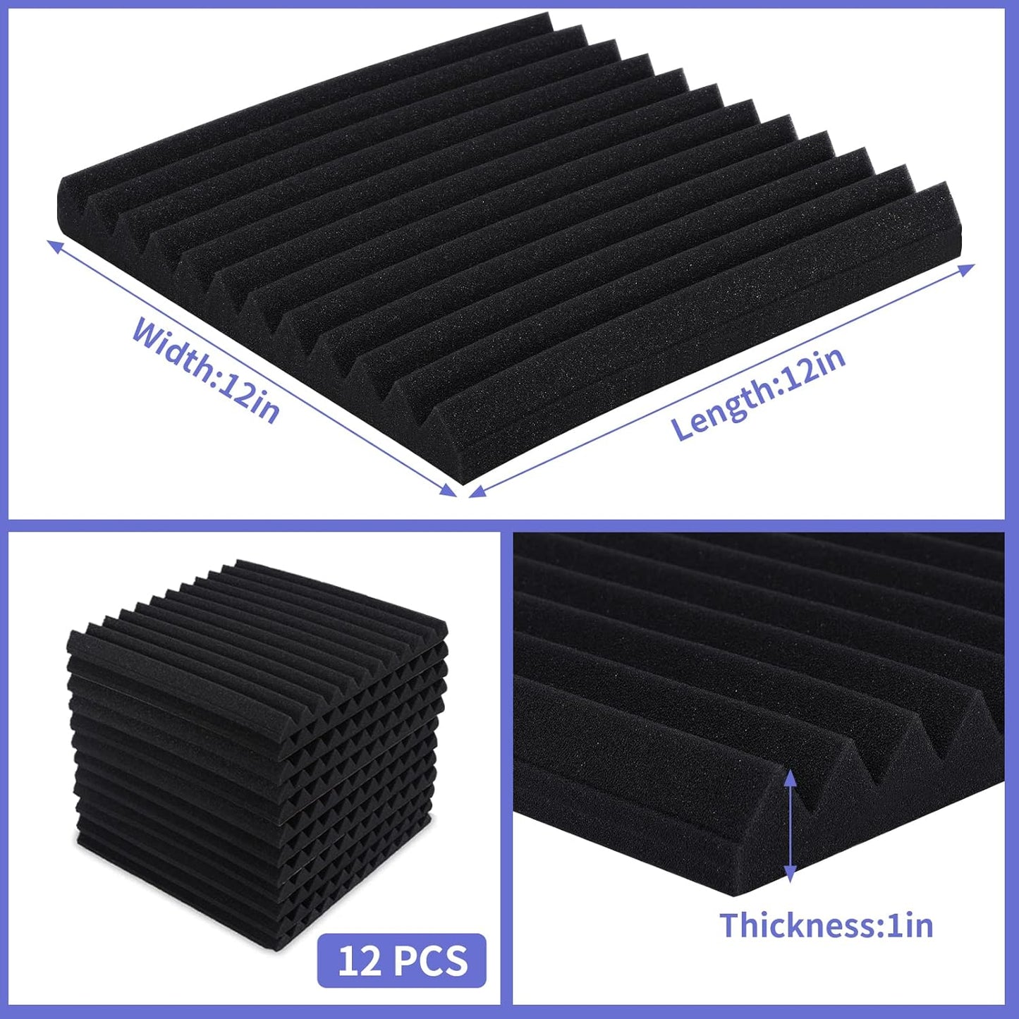 12 Pack Sound Proof Foam Panels Studio Acoustic Foam Panels,1" X 12" X 12"Soundproof Wall Panels With Self-Adhesive,Fire-Proofed Soundproofing Wedges,Acoustic Treatment Foam for Home-Black
