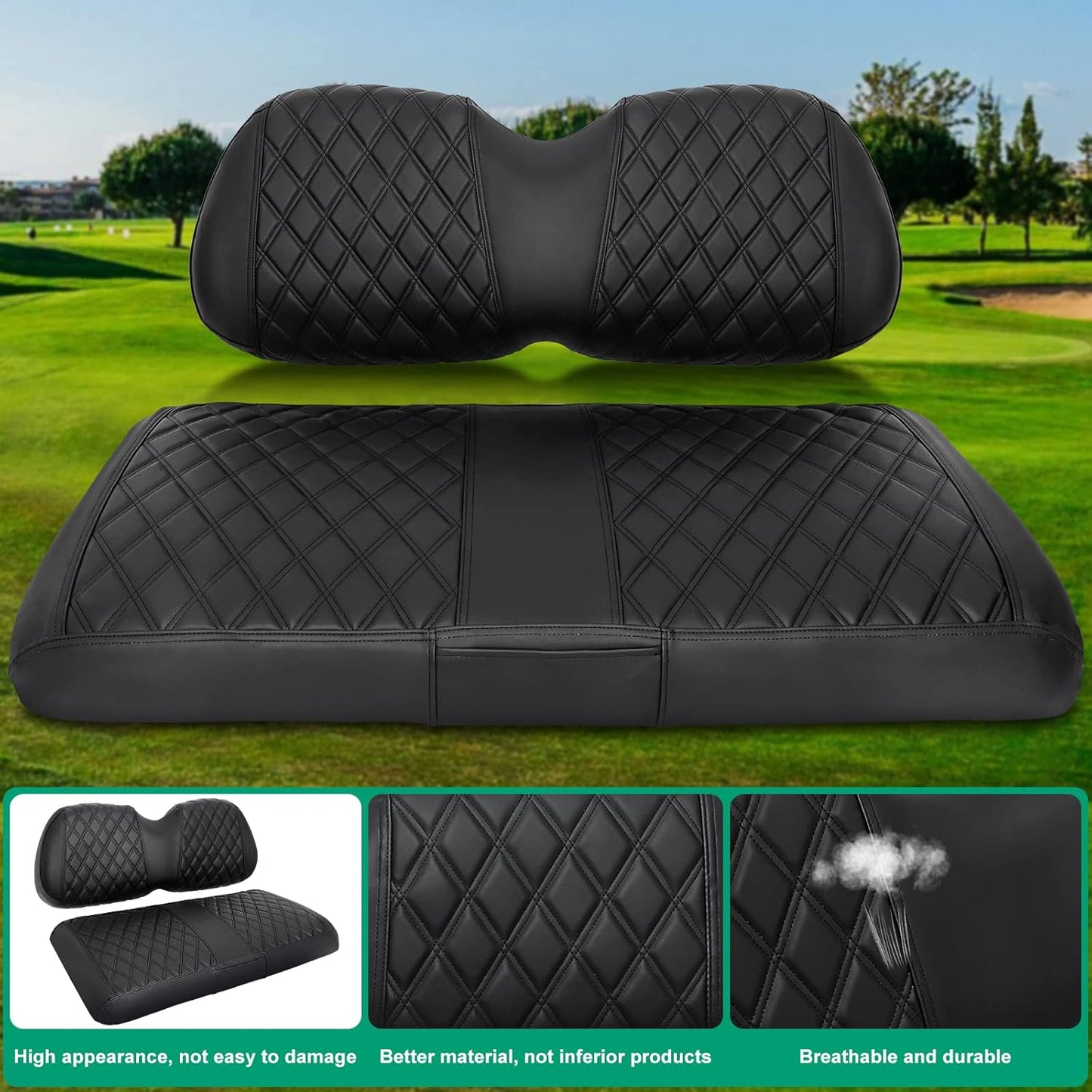 iLSKW Golf Cart Seat Covers for Club Car Precedent OEM Ordinary Seat, PVC Front Seat Cover Set for Golf Cart All Seasons with Diamond Black Stitching Breathable Washable Dettachable