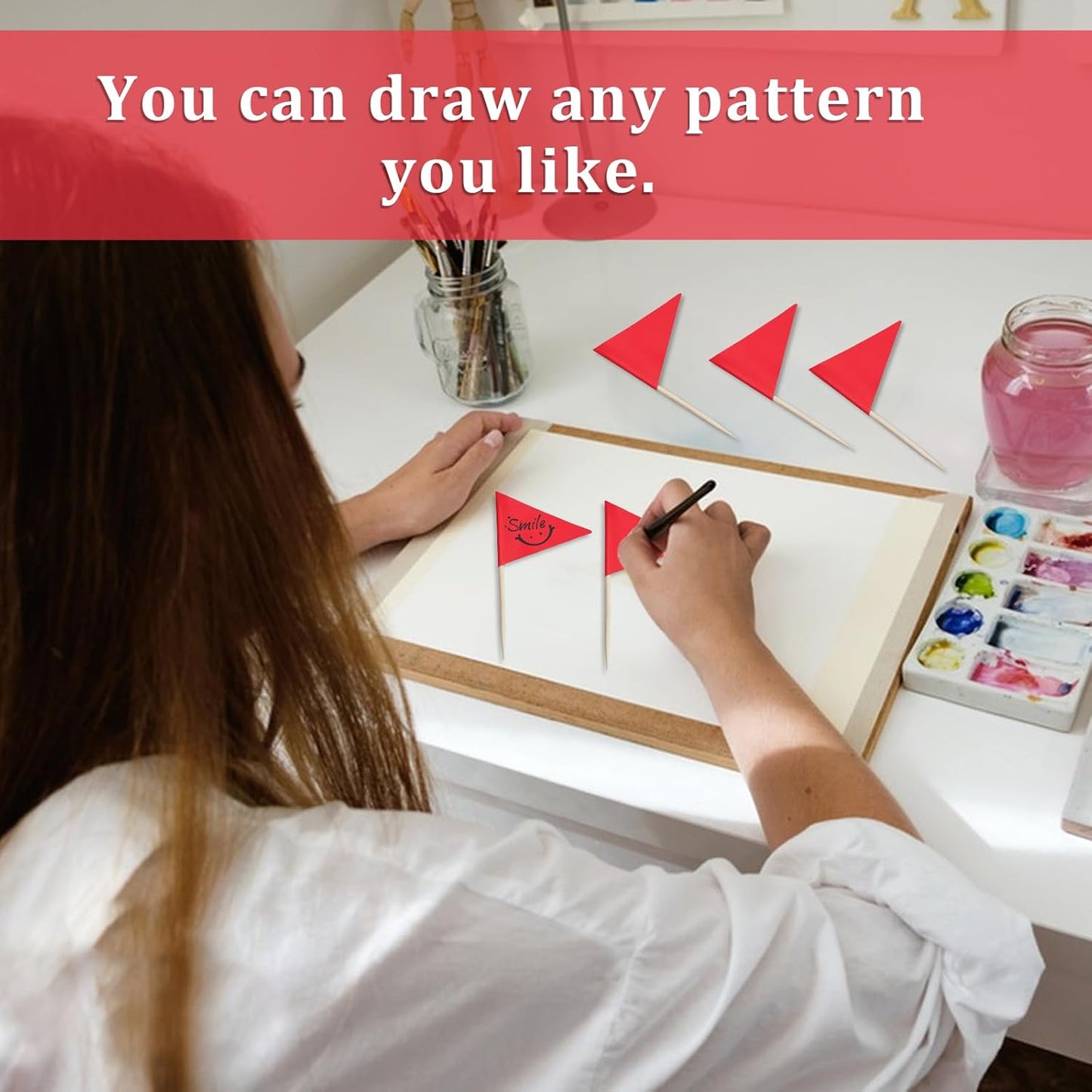 200 Pcs Red Solid Toothpick Flags Mini Plain Triangle Blank Custom Stick Cupcake Toppers Fruit Cheese Markers Labels for Golf Party Buffet Appetizers DIY Decorations