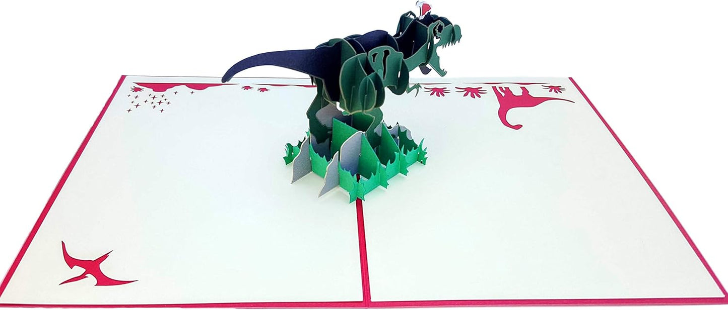 iGifts And Cards Funny Christmas Dinosaur 3D Pop-Up Card – Santa Hat T-Rex with Gifts & Candy Canes – Holiday Greeting for Kids, Dinosaur Lovers, Friends, Coworkers – 6x8 Inches