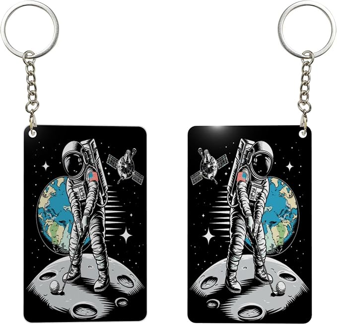 Astronaut Playing Golf Keychains Rectangular Acrylic Keychain Daily Key Ring - Image 2