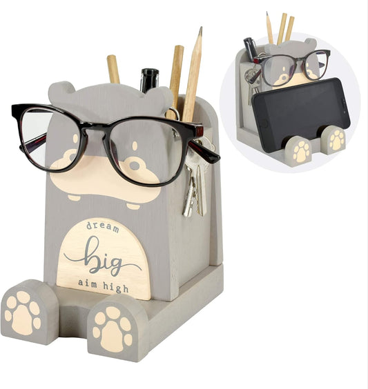 I'm Wood Multipurpose Eyeglass Phone Pen & Pencil Holder Stand Stationery Desk Box Organizer Accessories Decor Home Office Desktop Birthday Graduation Gifts “Dream Big Aim High” (Hippo)