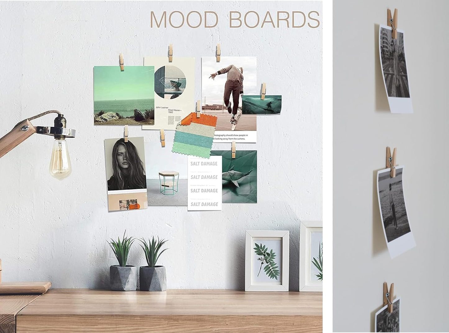 20 Pack Mini Self Adhesive Clips for Pictures - Beige Wood Clip Photo Holders for Wall, Poster Hanger, Photo Cards Hanging Display Board & Picture Boards, Artwork Photos Holders Hangers Room Decor