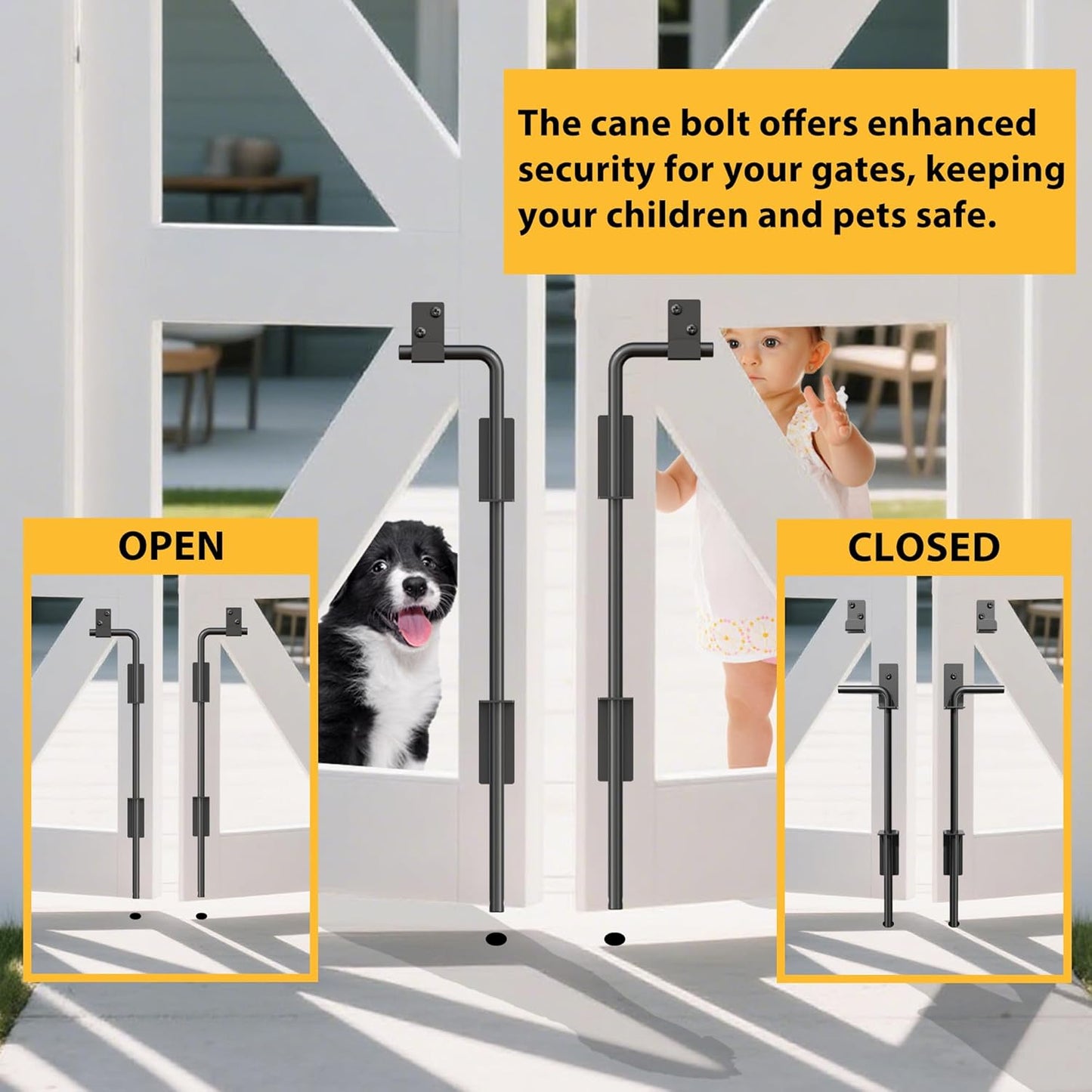 18" Heavy Duty Cane Bolts for Gates with Upgraded Square Hardware Gate Drop Rod with Black Finish for Wood PVC Vinyl Fences Gates, Double Doors-2 Pack