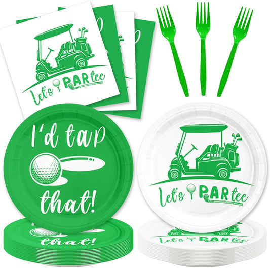 48Pcs Golf Birthday Decorations Let's Par-Tee Tableware Set Golf Cart Plates Napkins Forks Party Supplies for Birthday Decor Serves 16 Golf Themed Party Decorations