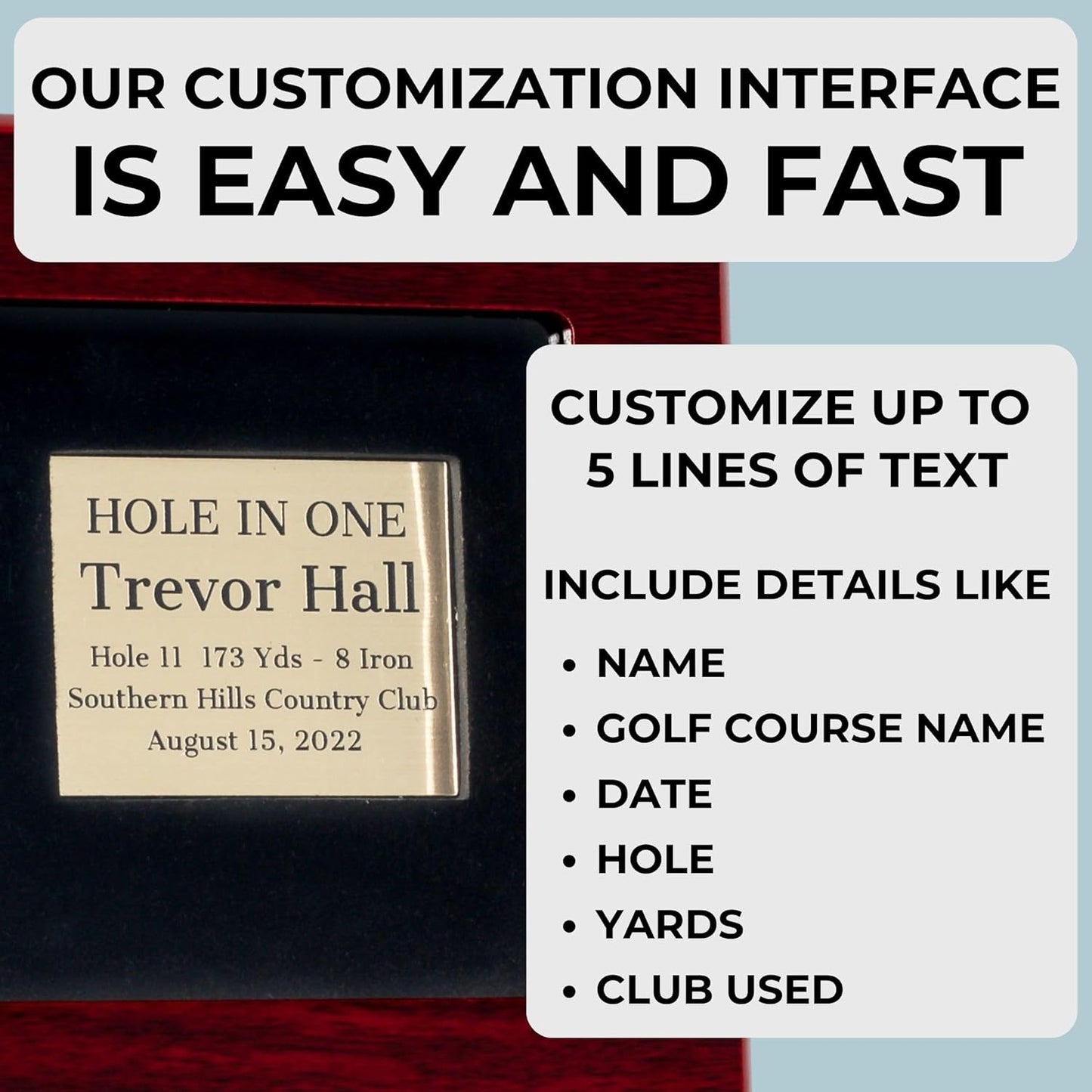 Hole-in-One Wooden Golf Ball Display Case with Custom Engraved Gold Plate - Polished Rose Wood Box with Transparent Window - Dust Protection for Golf Ball Memorabilia with Personalization