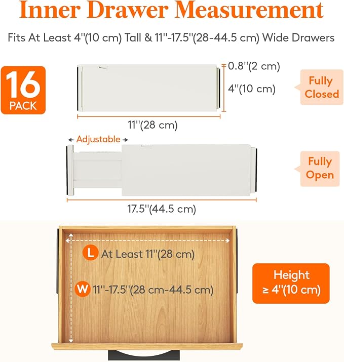 Lifewit 16 Pack Drawer Dividers 4" High, 11-17" Adjustable Drawer Organizers - Image 2