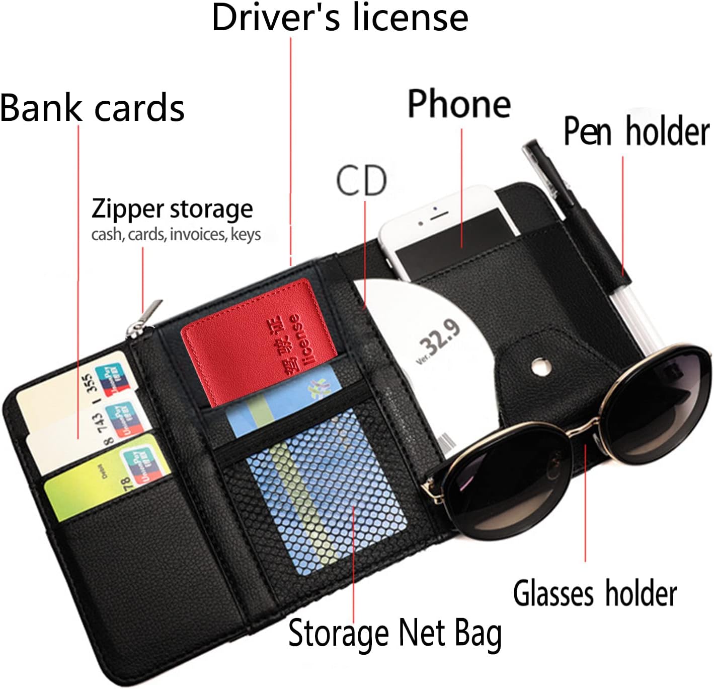 2 Packs Car Sun Visor Pocket Organizer, Black, Auto Visor Storage Pouch with Big Zipper Pocket, Card Sleeve, Driving License, Insurance, Sunglasses, Pen, Key, Phone, Lipstick