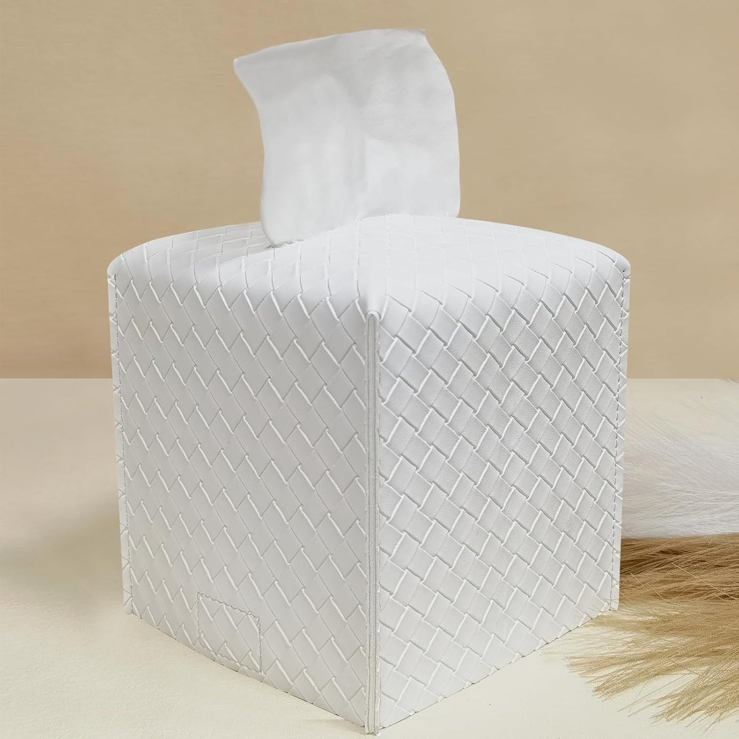 HOMOTEK 2 Pack Tissue Box Cover,PU Leather Tissue Holder,Square Decorative Facial Tissue Cube Paper Organizer Dispenser for Bathroom, Night Stands, Desk, Car 5X5X5'' - Woven Waffle, Pure White