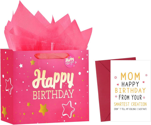 13" Pink Happy Birthday Gift Bag with Tissue Paper and Greeting Card for Party,Happy Birthday Gift Bag for Women Mother, Gift Bags Medium size(1 PCS Pink, Attach Mom Cards)