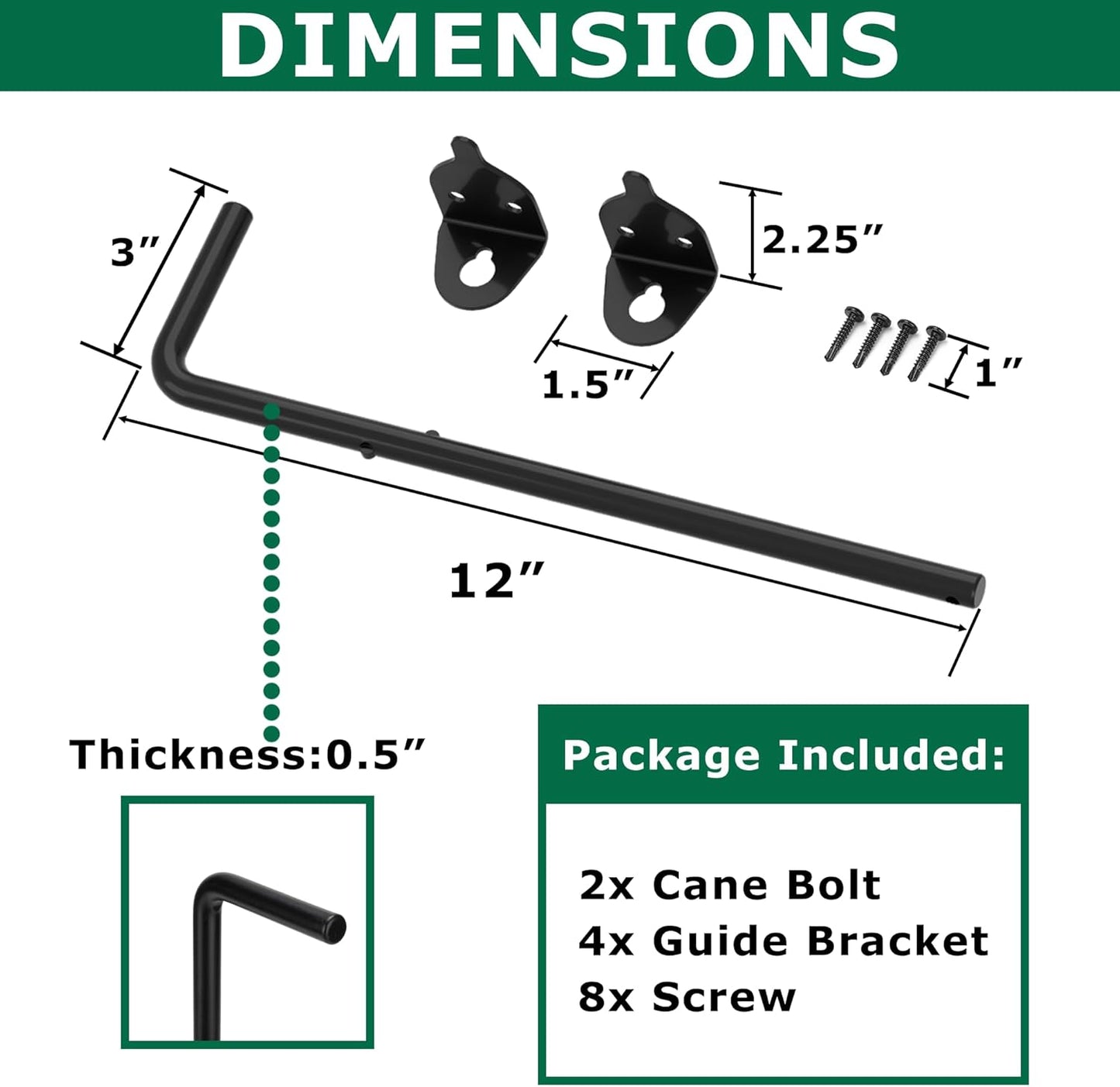 12" Heavy Duty Cane Bolt, Double Gate Latch with Black Finish, 2 Way Gate Drop Rod for Wood PVC Vinyl Metal Fences Gates, Double Doors-2 Pack