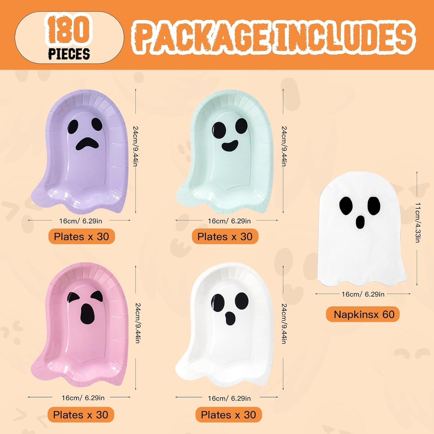 180Pcs Halloween Ghost Party Supplies Paper Plates and Napkins Serve 60 Disposable Tableware Set for Halloween Birthday Party Decorations Family School Holiday Events