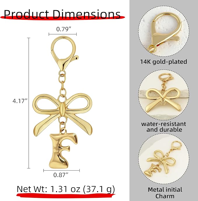 Gold Bubble Heart, Bow & More Designs Letter Initial Keychain Bag Charms – Cute - Image 5