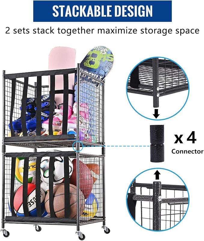Mythinglogic Rolling Ball Storage Cart, Sports Equipment Storage Organizer - Image 3