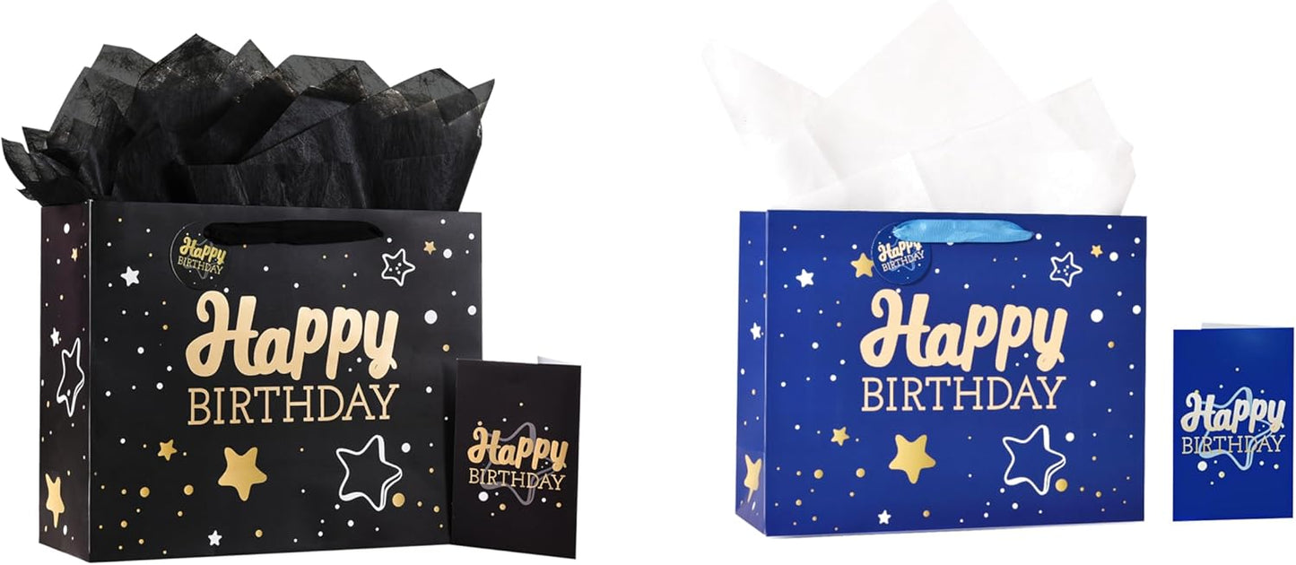 13" Black + Blue Happy Birthday Gift Bag with Tissue Paper and Greeting Card for Party,Happy Birthday Gift Bag for Men Women, Gift Bags Medium size(2 PCS Black & Blue)