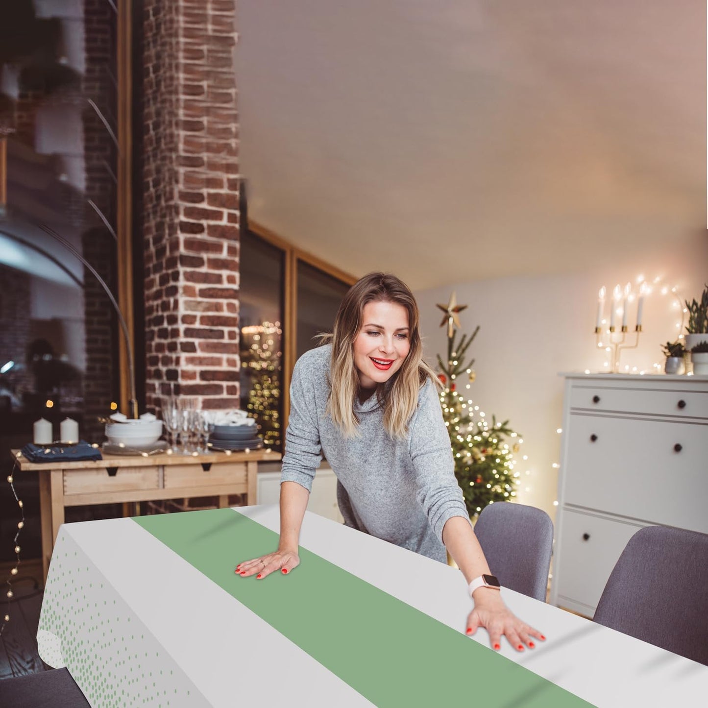 16 Pack 2in1 Disposable Plastic Tablecloths 54" x 108" White and Sage Green Dot Party Table Cloth Rectangle Table Cover for Wedding Birthday Baby Shower Anniversary Christmas New Year Party Decoration