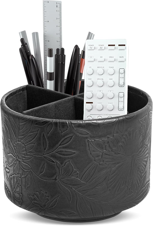 Hennaja Round Leather Art Supply Organizer,Remote Control Holder,360 Degree Spinning,Multi-Functional Pencil Holder,4 Compartments Desktop Stationary Organizer(1-Carved Black)