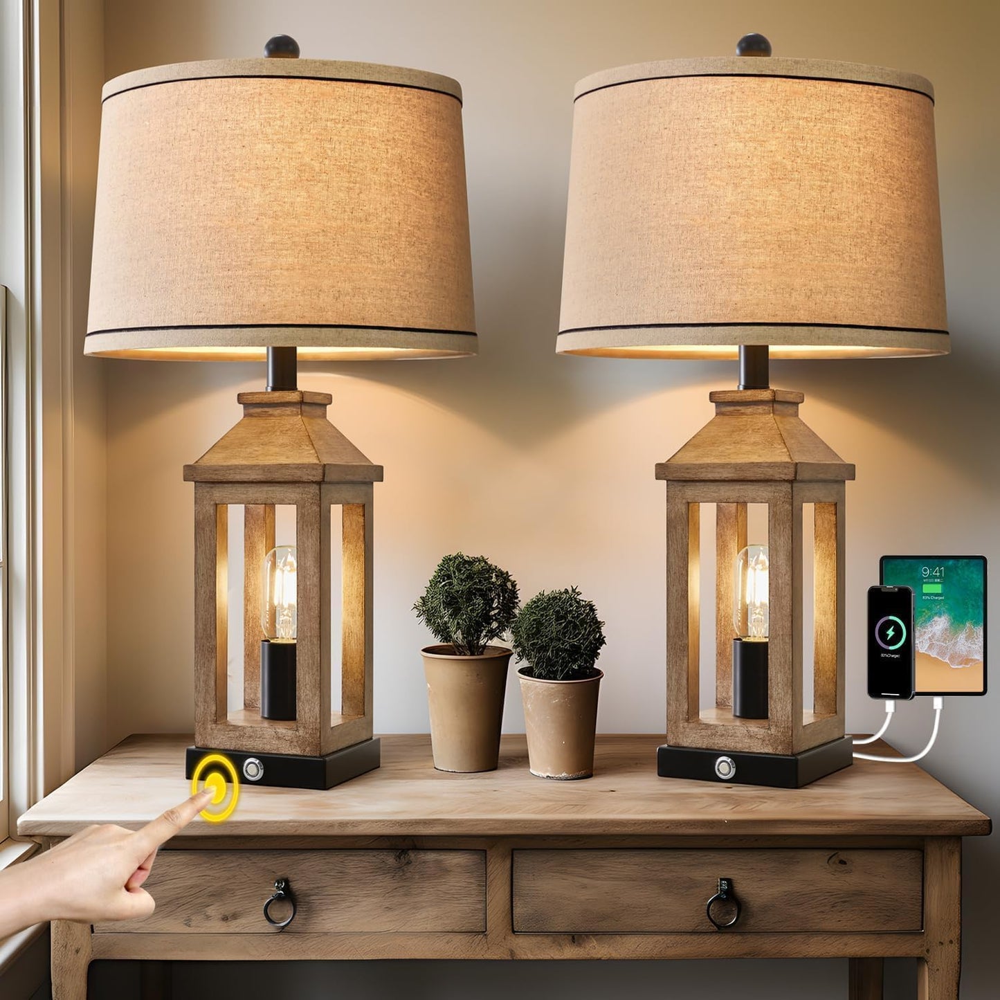 23.75" Farmhouse Dual USB Charging Ports 3-Way Dimmable Touch Control Table Lamp with Nightlight Vintage Modern Lamps for Living Room Bedroom