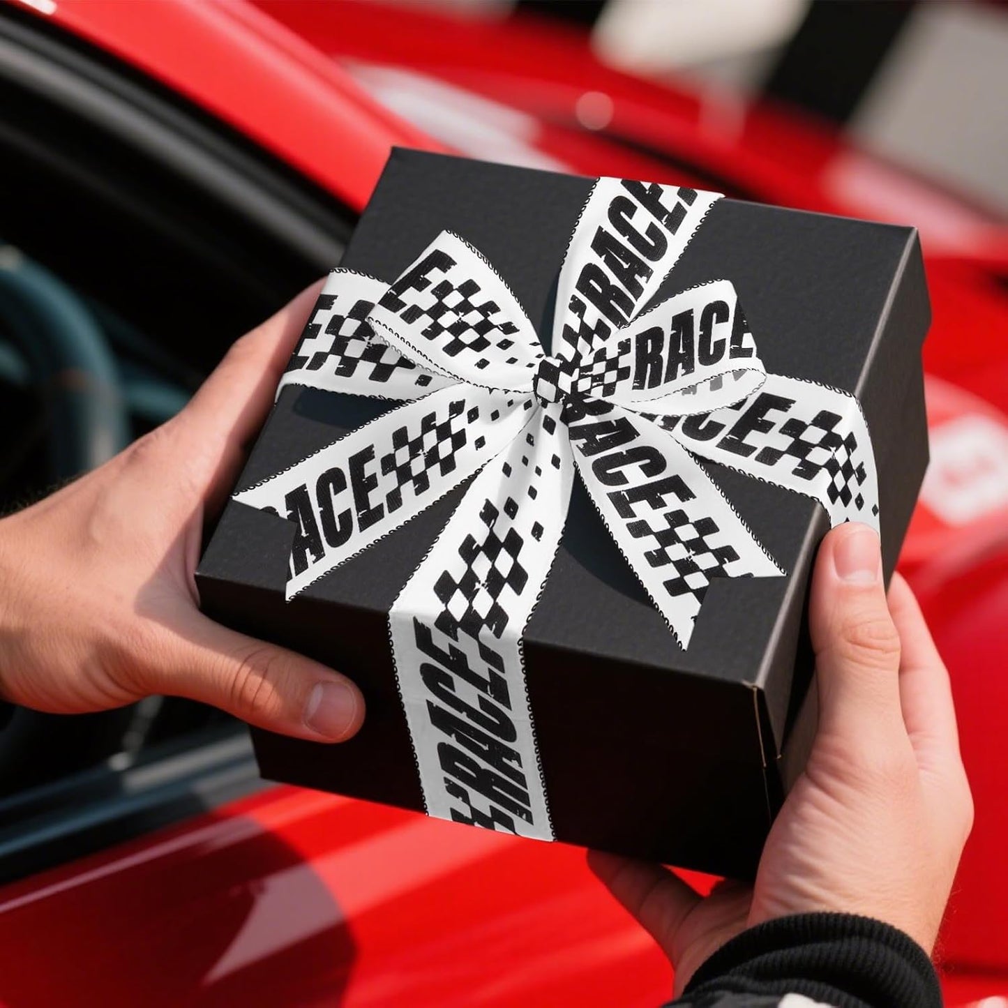 2 Rolls 2.5 Inch X 10 Yards Racing Car Theme Printed Ribbon for Crafts Wrapping Wreath Bows Black and White Checkered Flag Ribbon for Sport Team Birthday Party Home Decoration