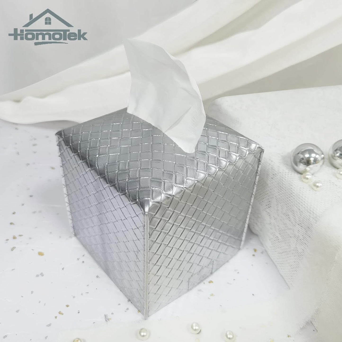 HOMOTEK 2 Pack Tissue Box Cover, Square PU Leather Tissue Holder, Decorative Facial Tissue Cube Paper Organizer Dispenser for Bathroom, Night Stands, Desk, Car 5X5X5'' - Woven Waffle, Silver