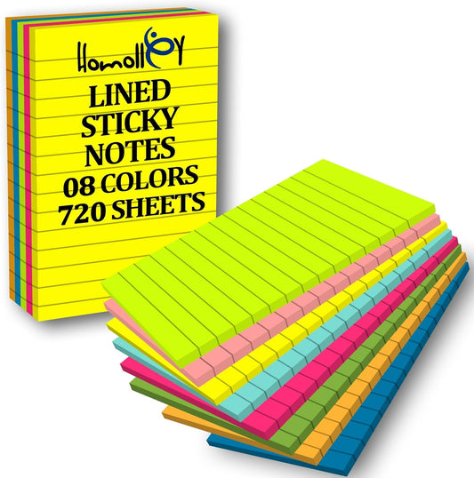 12 Pack Lined Sticky Notes 4x6 Inch – Large Ruled Self-Stick Note Pads (720 Sheets Total, 8 Bright Colors) with Strong Adhesive for Office, School & Home Use