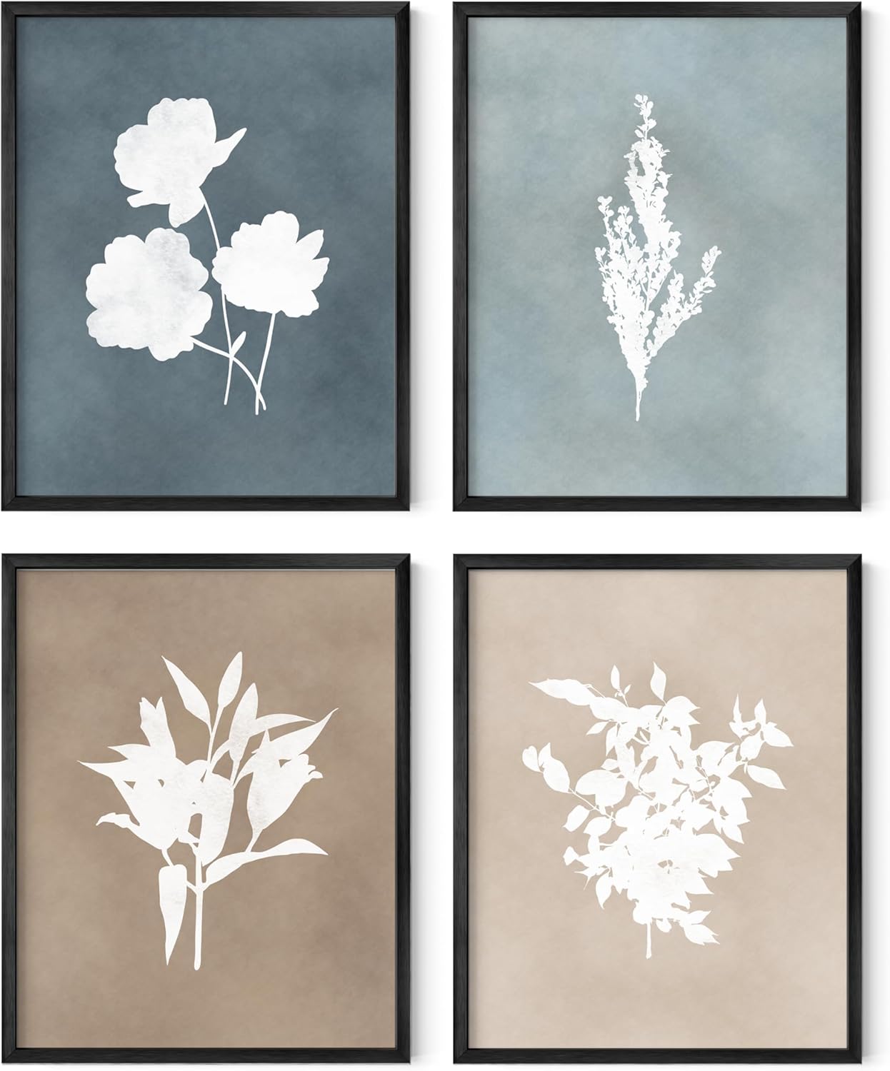 HAUS AND HUES Framed Flower Pictures Wall Decor - Set of 4 Floral Wall Art, Black and White Botanical Prints, Rustic Framed Vintage, Farmhouse Art, Floral Prints (Black Aluminum Frame, 11x14)