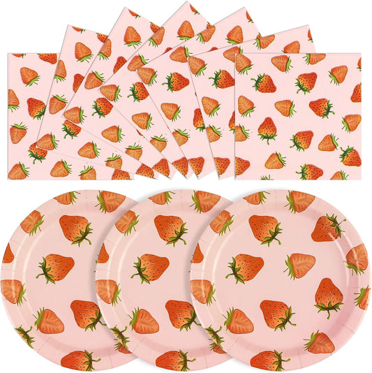 40PCS Strawberry Birthday Paper Plates and Napkins Party Supplies, Disposable Summer Fruit Party Plates and Napkins Tableware Set for Baby Shower Birthday Party Decorations Serves 20 Guests