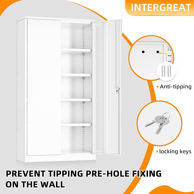INTERGREAT White Metal Storage Cabinet Doors, Tall Metal Cabinet Lockable Steel - Image 4