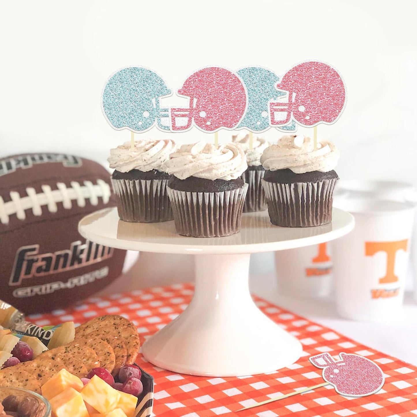 24 Pack Glitter Football Gender Reveal Helmet Cupcake Toppers Picks Boy or Girl Rugby Birthday Cake Toppers for Gender Reveal Baby Shower Birthday Party Decorations (Helmet)