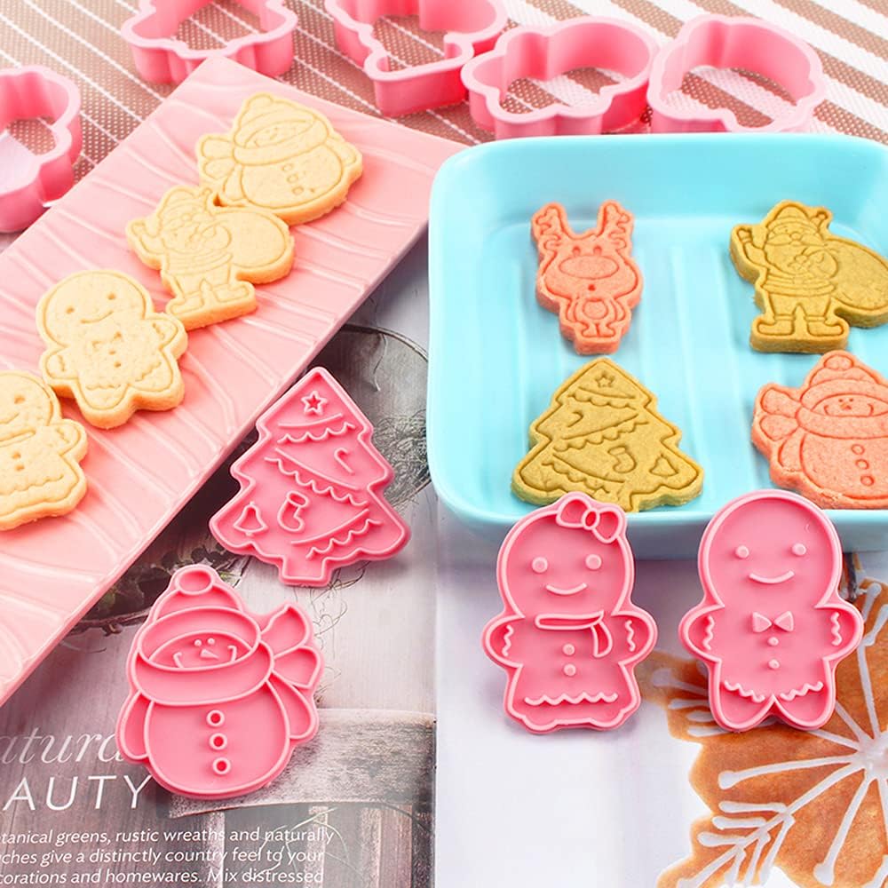 (Set of 8) Christmas Cookie Cutters with Plunger Stamps Set, Gingerbread Boy/Girl Snowman Santa Claus Snowflake Christmas Tree Reindeer Cookie Cutters