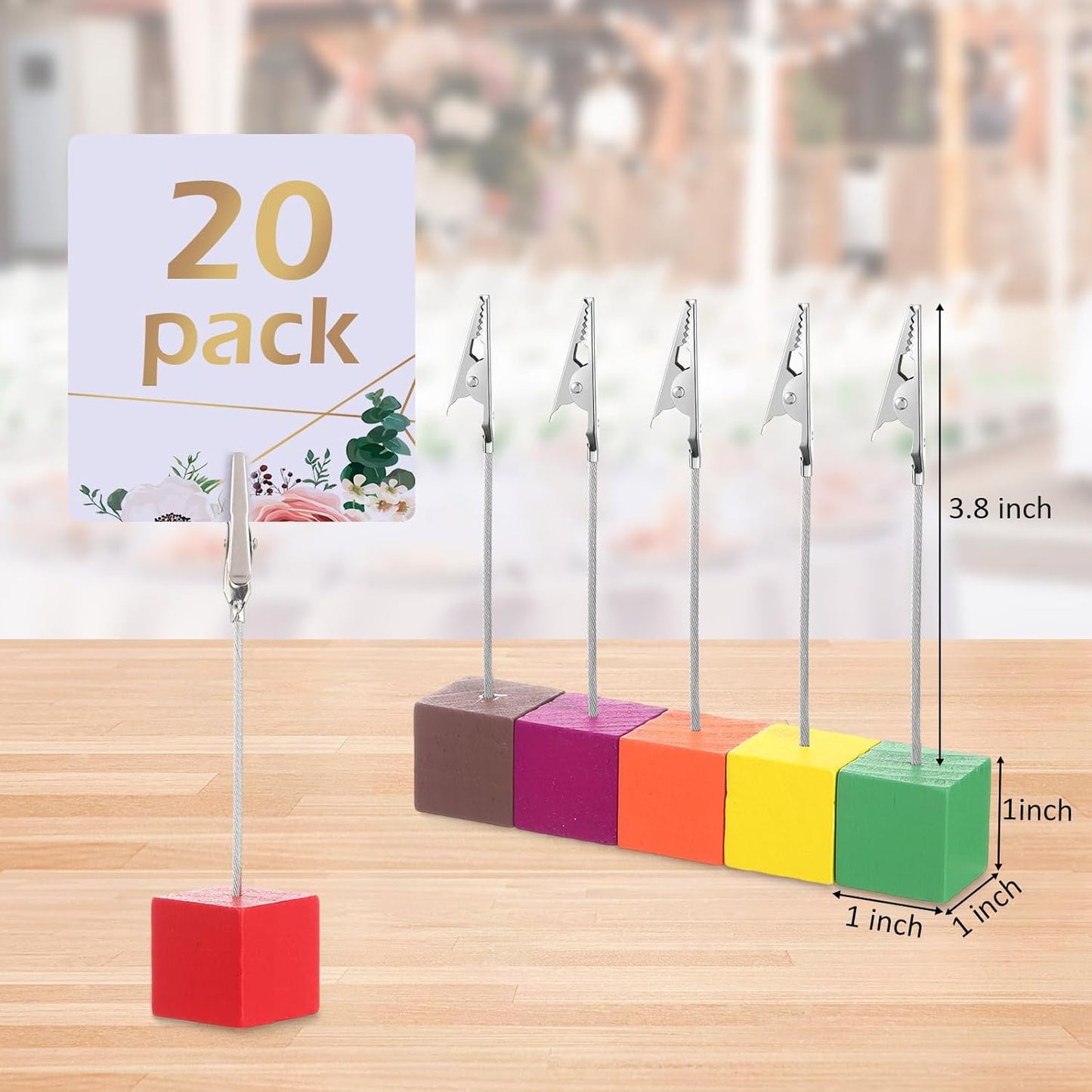 20 Pcs Cube Base Memo Clip Holder with Alligator Clip Wood Table Number Holder Cube Base Place Card Stand Mini Photo Menu Stand for Displaying Number Card(Multi Color)