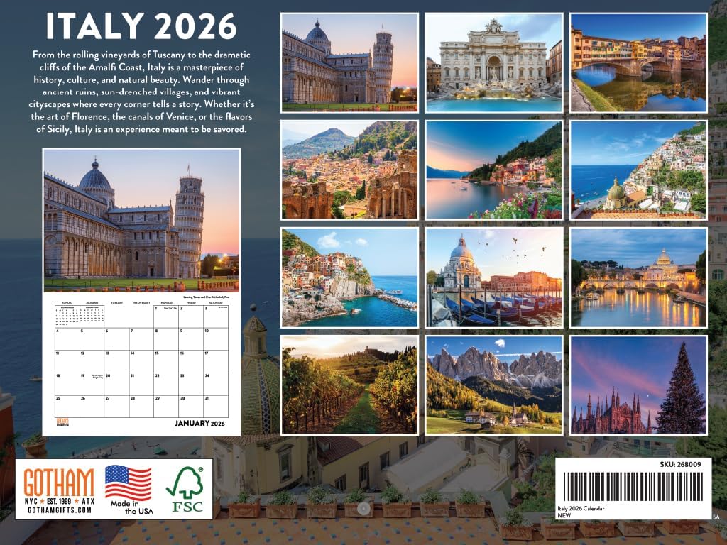 Italy Calendar 2026 Italian Gifts Monthly Wall Calender 12 Month | American Made In The USA