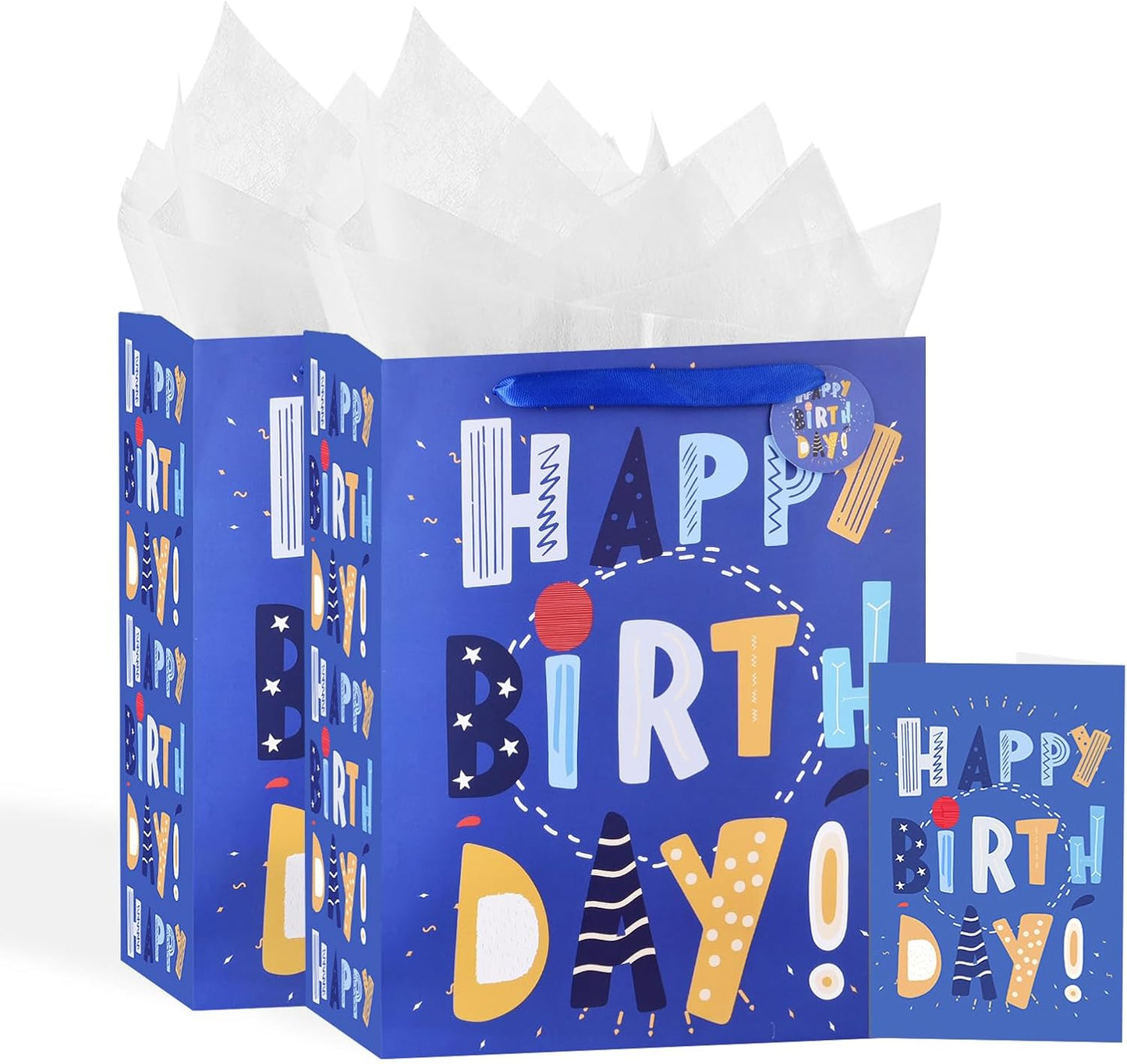 13" Blue Happy Birthday Bag with Tissue Paper and Greeting Card for Party,Happy Birthday Gift Bag for Kids, Boys, Girls, Baby Boy,Men Women,Gift Bags Medium size (2 PCS Blue, Kids Gift Bag)