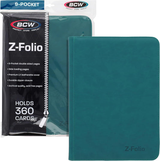 BCW Z-Folio 9-Pocket LX Album - Teal | Secure Zipper Card Organizer | Premium Leatherette Card Collection Binder | Trading Card Binder for Pokemon, MTG, Sport Cards and More