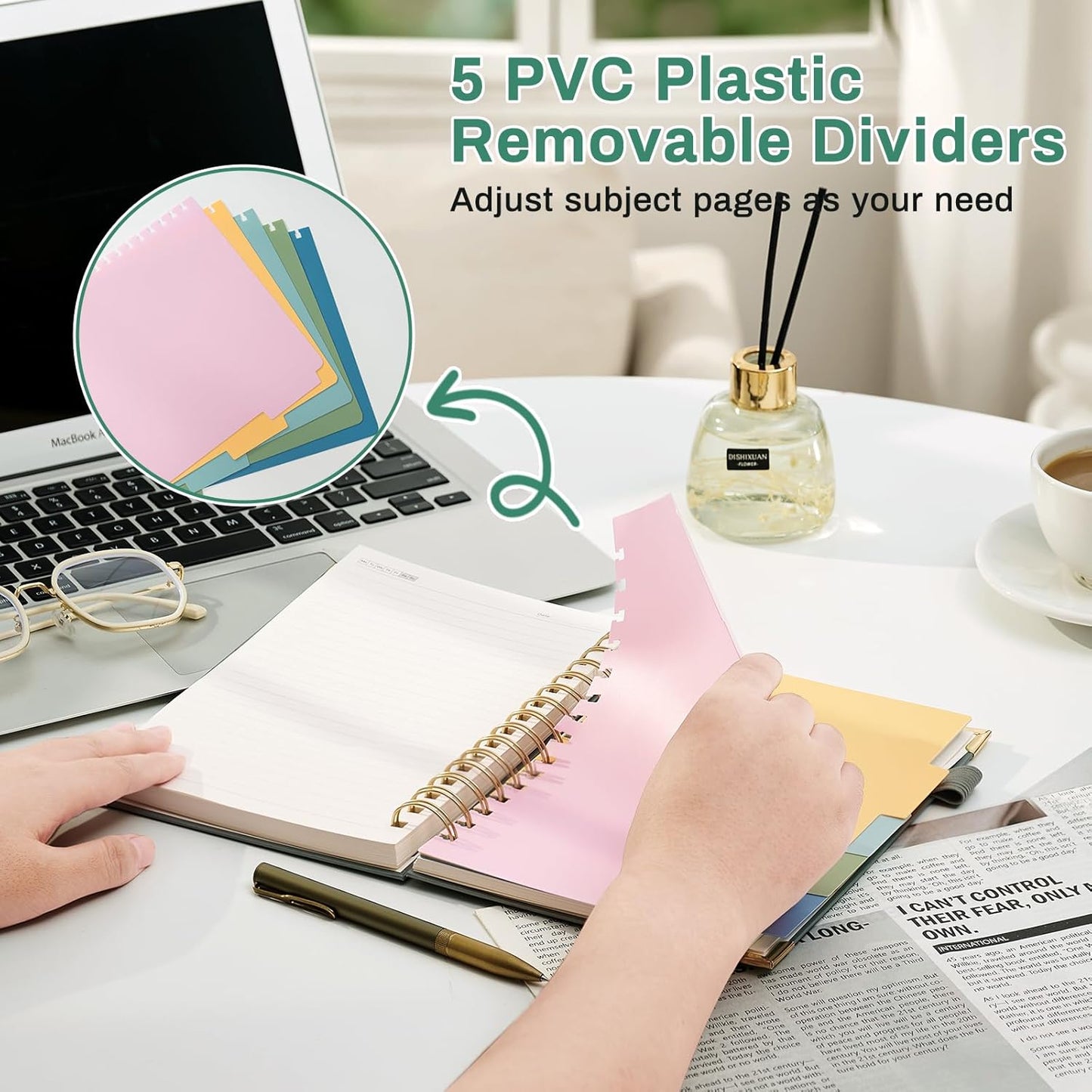 Hardcover Spiral Notebooks 6.1" X 8.4" Note Taking 5 Subject Notebook College Ruled with Dividers 240 Pages 100GSM Aesthetic Spiral Notebook for Work School Cute Journals for Women Writing, Green