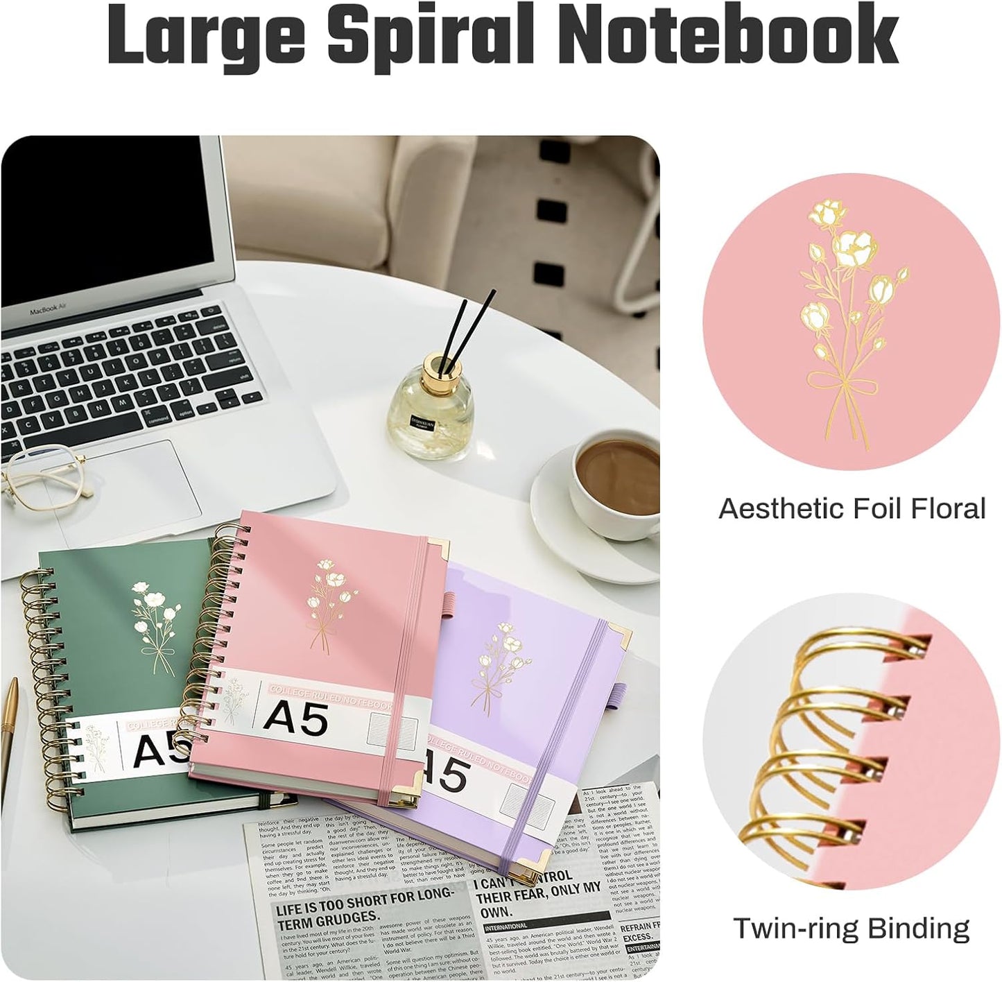 Hardcover Spiral Notebooks 6.1" X 8.4" Note Taking 5 Subject Notebook College Ruled with Dividers 240 Pages 100GSM Aesthetic Spiral Notebook for Work School Cute Journals for Women Writing, Pink