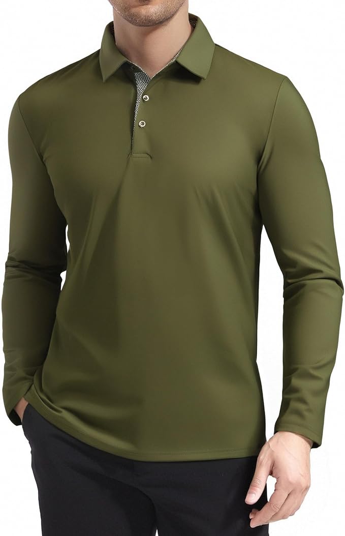 Alex Vando Mens Golf Shirt Moisture Wicking Quick-Dry Solid Long Sleeve Polo - Image 2